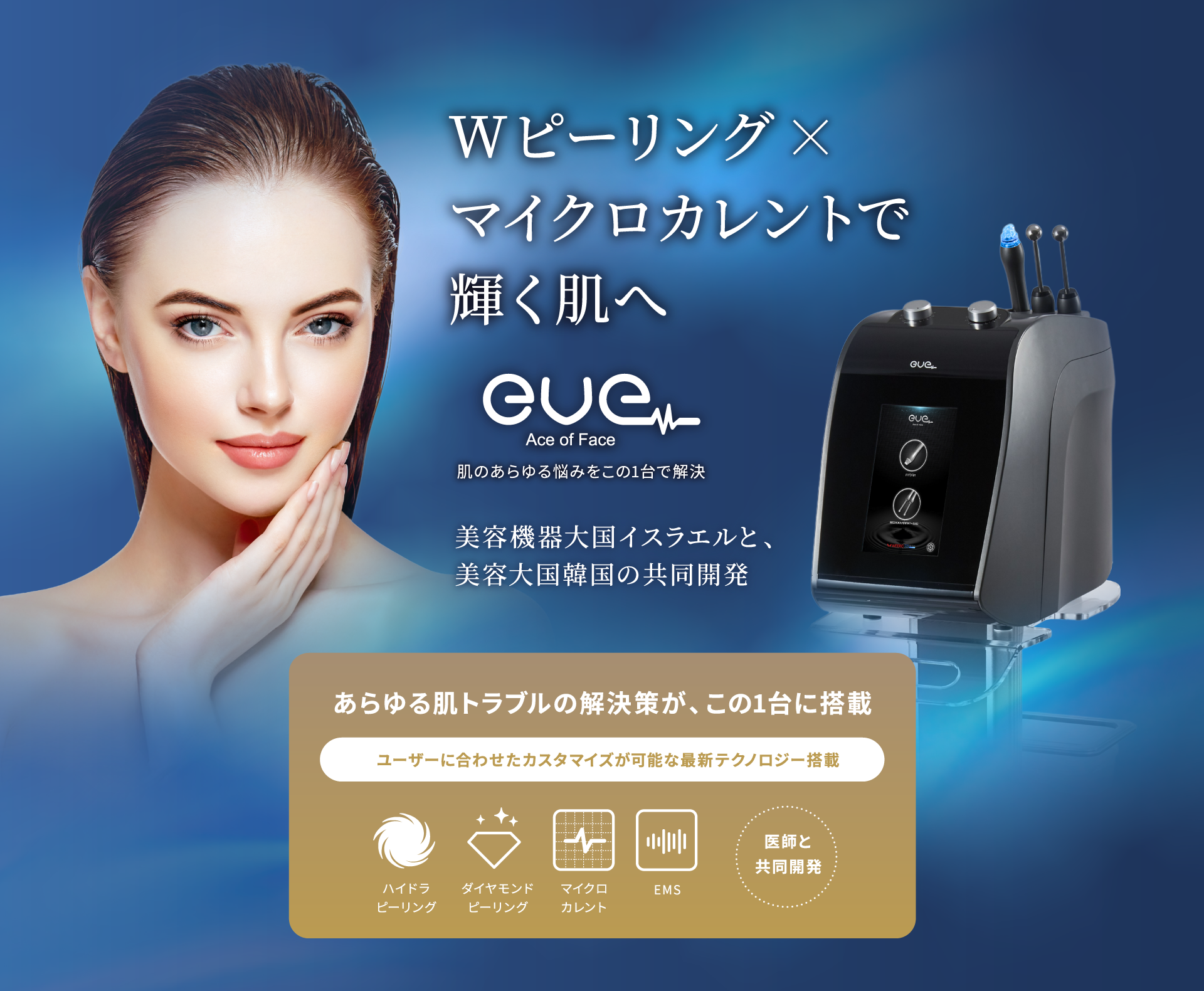 Wピーリング×マイクロタレントで輝く肌へ eve(イヴ)-Ace of Face 肌のあらゆる悩みをこの1台で解決 美容機器大国イスラエルと、美容大国韓国の共同開発 ユーザーに合わせたカスタマイズが可能な最新テクノロジー搭載 ハイドラピーリング ダイヤモンドピーリング マイクロカレント EMS